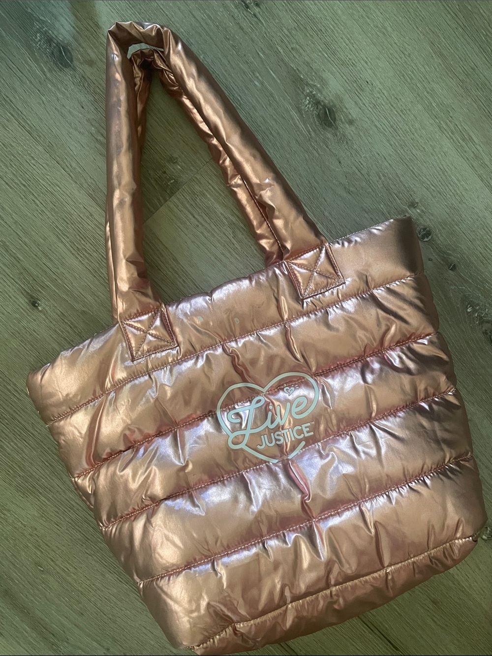 Large Justice Metallic Rose Puffer Tote with Heart Logo